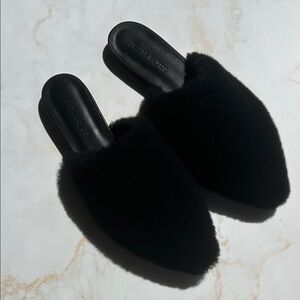 Jenni Kayne Black Faux Fur Pointed Slip-On Mules